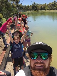 Aaron Habgood, and the young cardiology patients at the Bacchus Marsh, Lake Dewar cardiology boot camp where fishing ruled. (Picture: Aaron Habgood). 