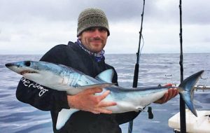 Kevin McLoughlin with another small mako shark taken off Black Rock and then released (Picture Kevin McLoughlin).