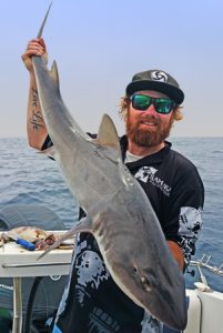 Aaron Habgood with his big gummy shark off Port Phillip Heads (Picture: Aaron Habgood).