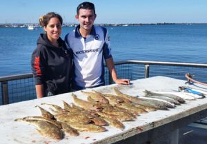 Judith and Jason Sillato with their mixed bag of flathead and whiting off Portland (Picture: Bob McPherson).