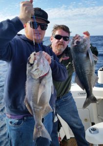 Ben Johnson and Lockie Wombell with a sample of their blue eye trevalla catch. (Picture: Bob McPherson).