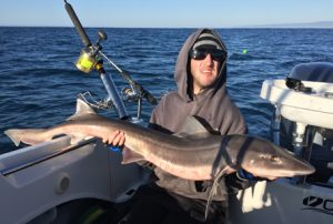 Jeremy McLoughlin with a nice gummy shark that he caught offshore from Barwon Heads on Sunday (Picture: Kevin McLoughlin).