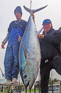 Steve Evans and Jason Powell of "Bag out Charters" with the 108 kg tuna (Picture: Bob McPherson).