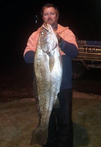 Jamie Behrens with one of several mulloway he has caught from the Maroochy River in Queensland over the past week or so (Picture: Jenni Behrens).