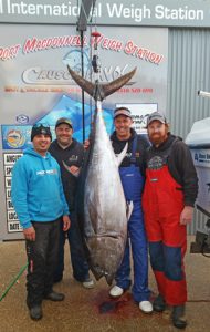 Kevin Debono, Simon Agius, Mossy, and Aaron Habgood with one of the tuna they caught at Port MacDonnell recently.