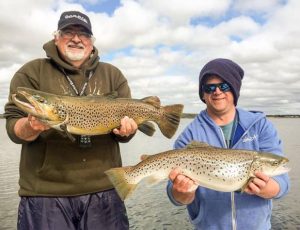 Danny Torgensen and his mate “Bettsy” with their brown trout from Lake Purrumbete. 