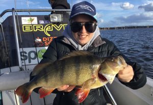 Georgia Spokes with the 45 cm redfin that she caught from Lake Toolondo trolling a Rapala BX Minnow; just one of 16 she caught on Saturday’s twilight charter (Picture: Victorian Inland Charters).    