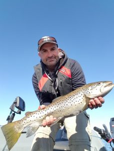 Tim Beusman of Geelong with brown trout from Lake Purrumbete (Picture: Lake Purrumbete Holiday Park).