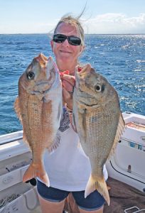 Linda Stewart with a couple of nice pinkies from Corio Bay (Picture: Murray Stewart).