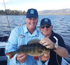 Jason (Stop the Bus!) Kennedy and Caravan Industry Association CEO Rob Lucas with a nice redfin from Lake Toolondo (Picture: Victorian Inland Charters).