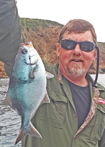 Lachie Wombell with one of the sweep that he and Bob McPherson caught at Cape Nelson last week (Picture: Bob McPherson).