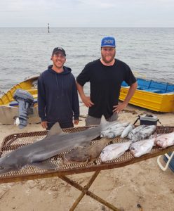 Shaun (blue hat) and his companion, with the nice bag of fish they caught out near the Prince George Pile off Indented Head at the weekend (Picture: Beachlea Boat Hire).