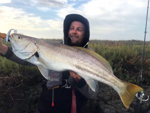 Soft plastic? Fantastic! Mitch Wolak with the 89 cm mulloway he caught from the Barwon estuary by the skin of its lip.