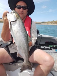 Jason Eastman with a 2.3 kg chinook salmon from Lake Purrumbete.