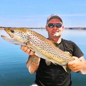 Michael Evans with a female brown trout of 3.8 kg from Lake Purrumbete (Picture: Victorian Inland Charters, South West).