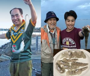 Seiya Koyama, his father in law Noboru Takefuji – who is visiting from Japan – and son Gaiji with their catch from St Helens, and subsequent plate of flathead sashimi.