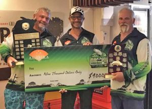 John Clements, Chris Farrugia and Bruno Portaro picking up their winner cheque at the Kakadu Klash.