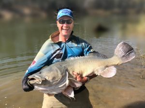 Stephen Eales with the 110 cm Murray Cod from Lake Mulwala.   