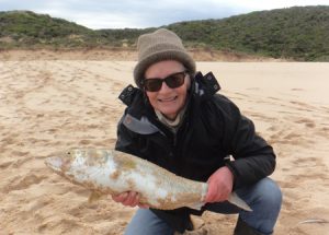 Christina Kemp with one of the large Australian salmon taken by her and partner Michael Levett from Johanna Beach last week. (Picture: Michael Levett).